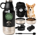 Botella de Agua para Perros de Acero Inoxidable 1L – Bebedero Térmico Portátil con Comedero y 2 Tapas – Incluye Estuche de Neopreno, Dispensador de Bolsas y Cepillo – Accesorio de Viaje 4 en 1 | NomadaPaw