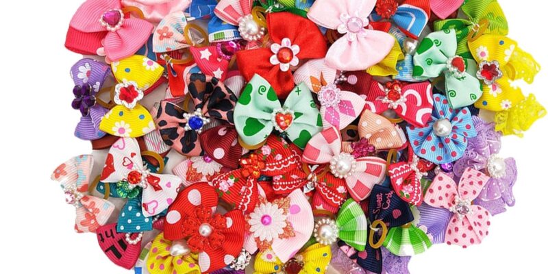50 Pieces Dog Hair Bows, Bows for Small Dogs with Bands, Dog Hair Bows Accessories for Cats and Puppies, Random Motif