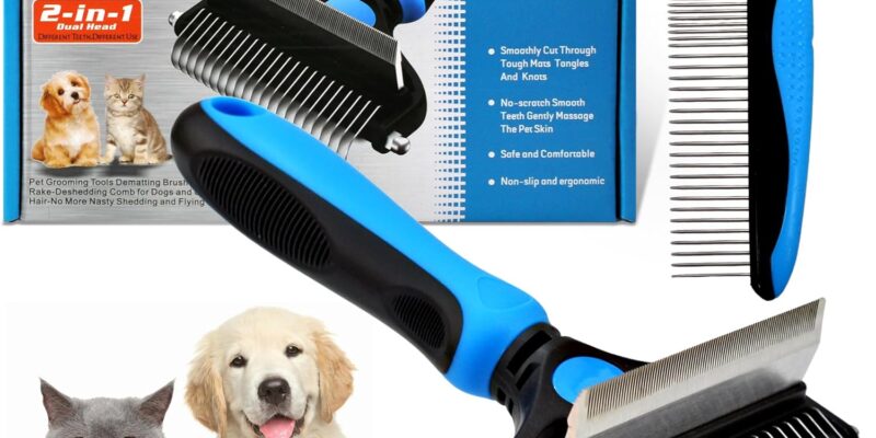 Cepillo para perros y gatos de pelo largo – Peine profesional grande para desenredar y desenredar perros, gatos persas y mascotas, removedor de pelo corto, pelo muerto, resistente (grande)