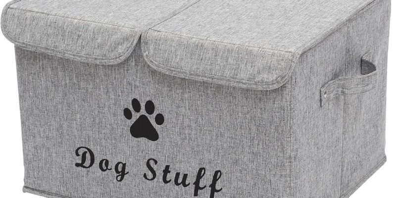 Morezi Caja de juguetes para perros con tapa, caja de almacenamiento de juguetes para mascotas, adecuada para guardar juguetes y accesorios para perros y gatos, color gris nieve