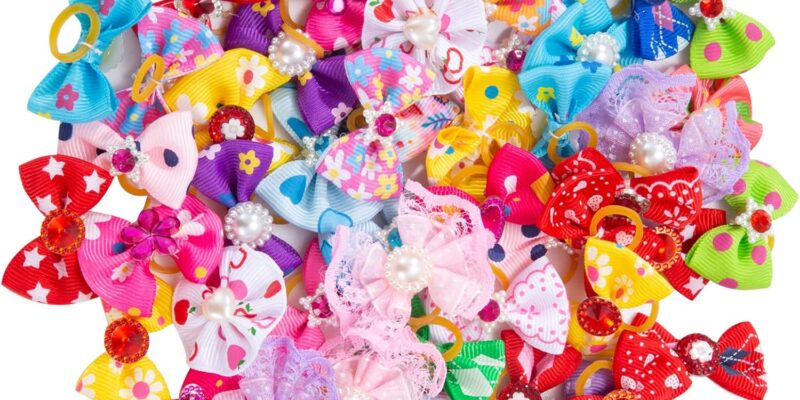 Dog Hair Bows 50 Pieces Dog Hair Bows Dog Hair Accessories with Bands for Small Dogs, Cats and Puppies, Random Colors