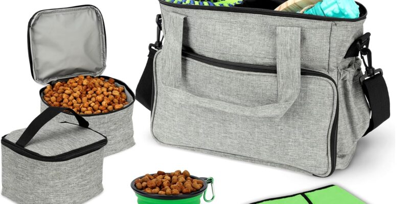 BELLE VOUS Travel Backpack for Dogs and Cats – Bag with Pockets for Pet Accessories and 2 x Foldable Feeder – Bag with Backpacks for Food and Cloth for Dog or Cat