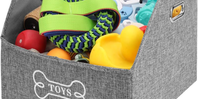 BELLE VOUS Foldable Pet Container – Bucket with Handles for Games Food or Dog or Cat Accessories – Grey Fabric Basket Box for Dog Toys