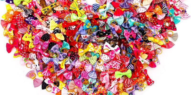 100 Pack Small Dog Hair Bows with Elastic Rubber Bands for Doggie Kitten Hair Grooming Accessory Long Hair Accessories Set Bows Random Colors